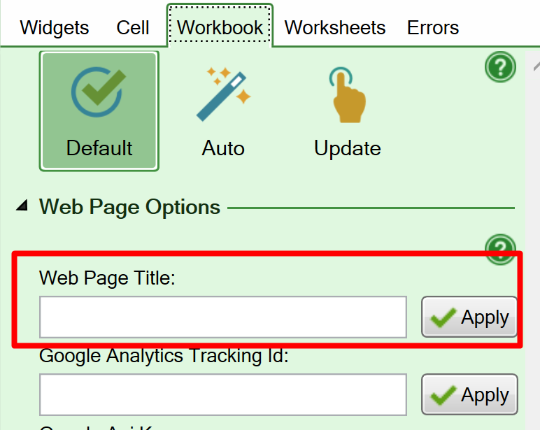 Screenshot of the Web page options on the Workbook tab of the task pane