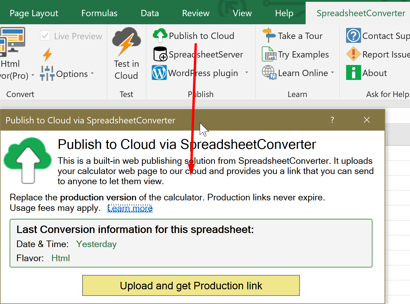 Screenshot of the Publish to Cloud menu in the ribbon