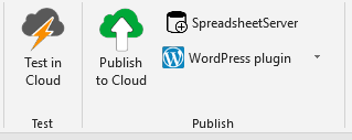 Screenshot of the Test and Publish sections of the ribbon