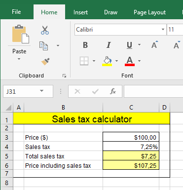 Screenshot of the sales tax calculator in Excel