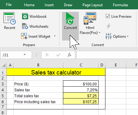 Screenshot of the Convert section of the ribbon