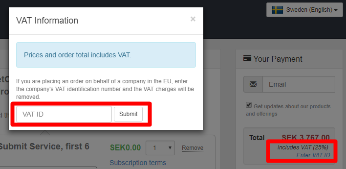 Screenshot of the VAT ID input field on the FastSpring order form