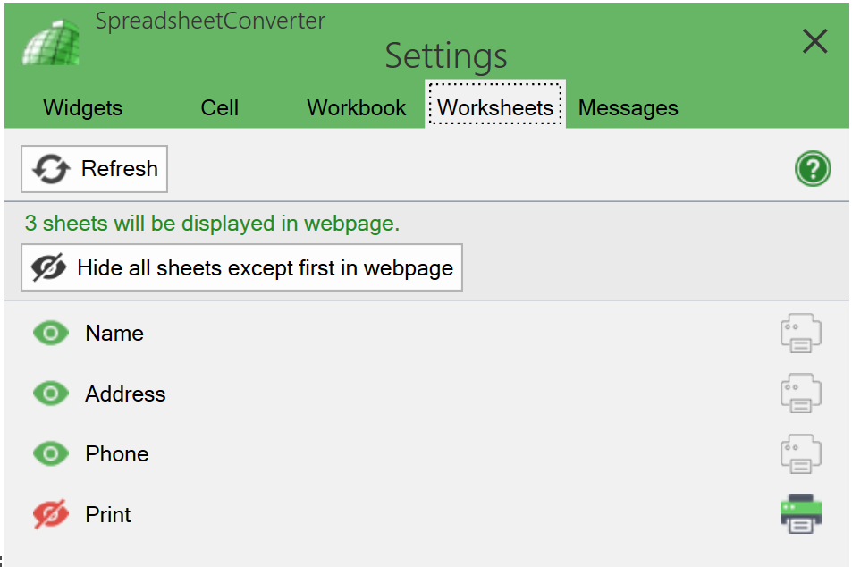 Screenshot of the Worksheets tab with a designated print sheet