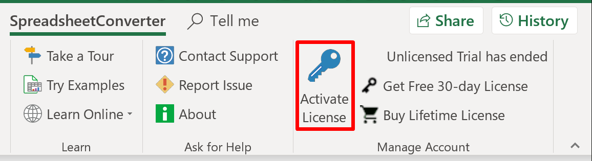 Screenshot of the Activate License option in the SpreadsheetConverter ribbon