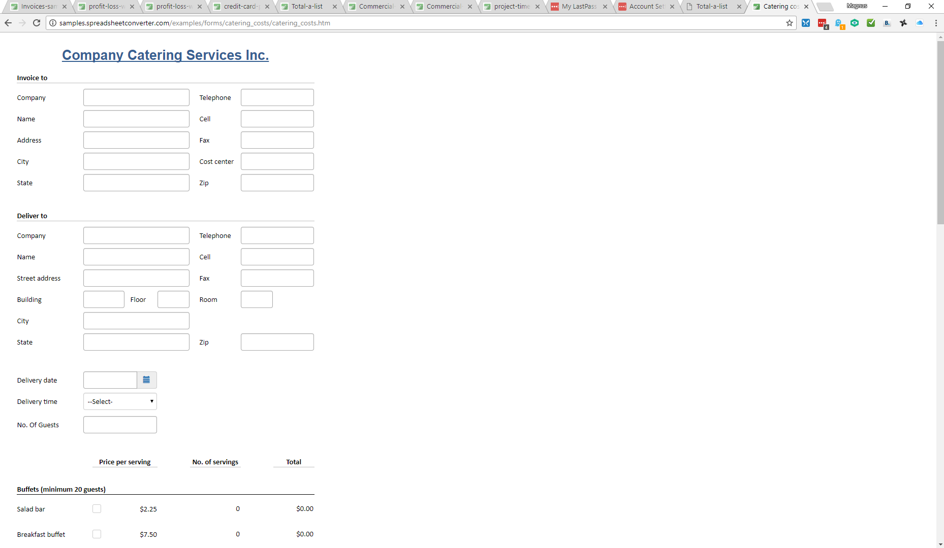 Screenshot of the catering form in Google Chrome