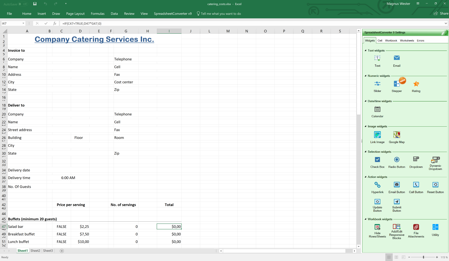 Screenshot of a catering form in Excel