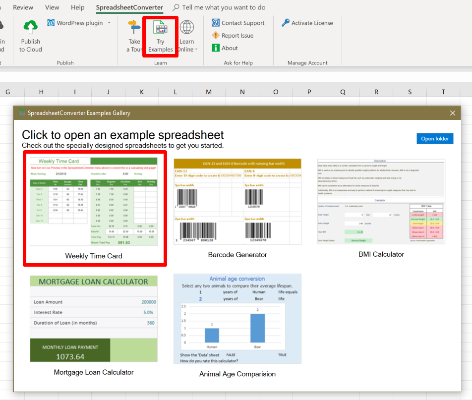 Screenshot of the Try Examples window in SpreadsheetConverter