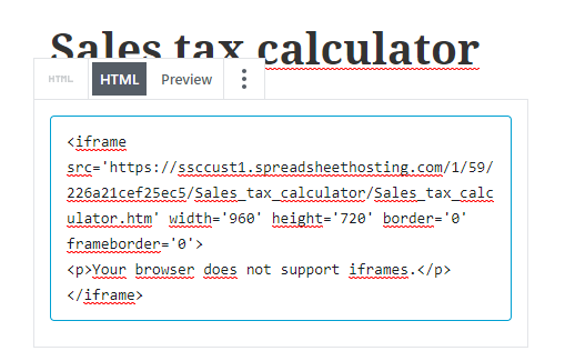 Screenshot of the embed code, pasted into a Custom HTML block in the WordPress block editor