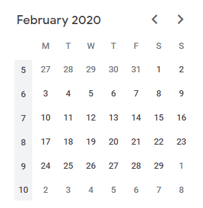 Screenshot of a Google Calendar for February 2020